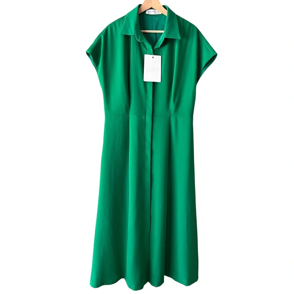 NWT Mac Duggal Crepe Collar Short Sleeve Green Midi Dress - NO BELT - Picture 3 of 11